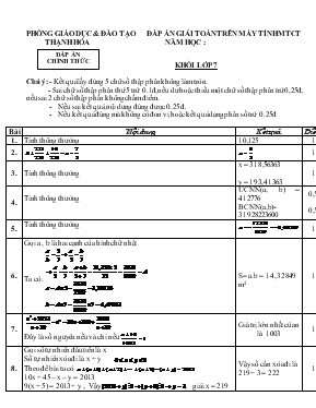 Đáp án giải Toán trên máy tính (Máy tính cầm tay) khối lớp 7
